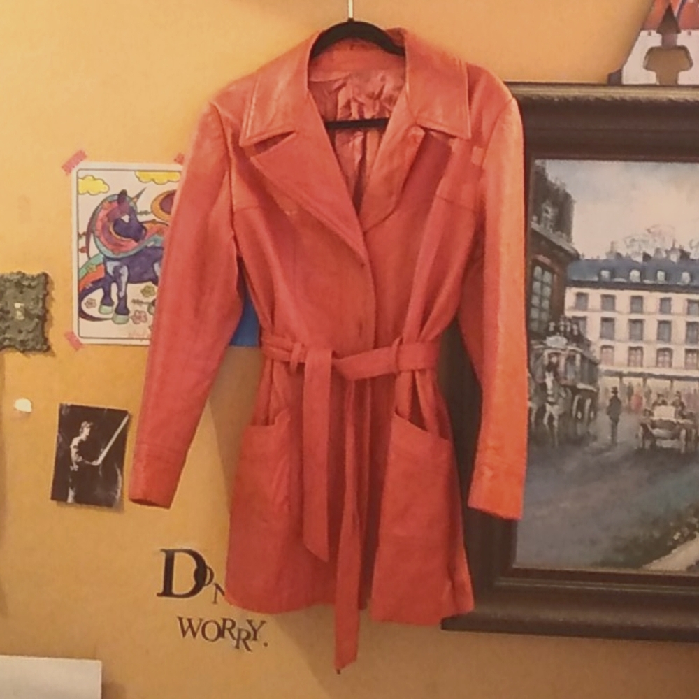 Red leather trench coat